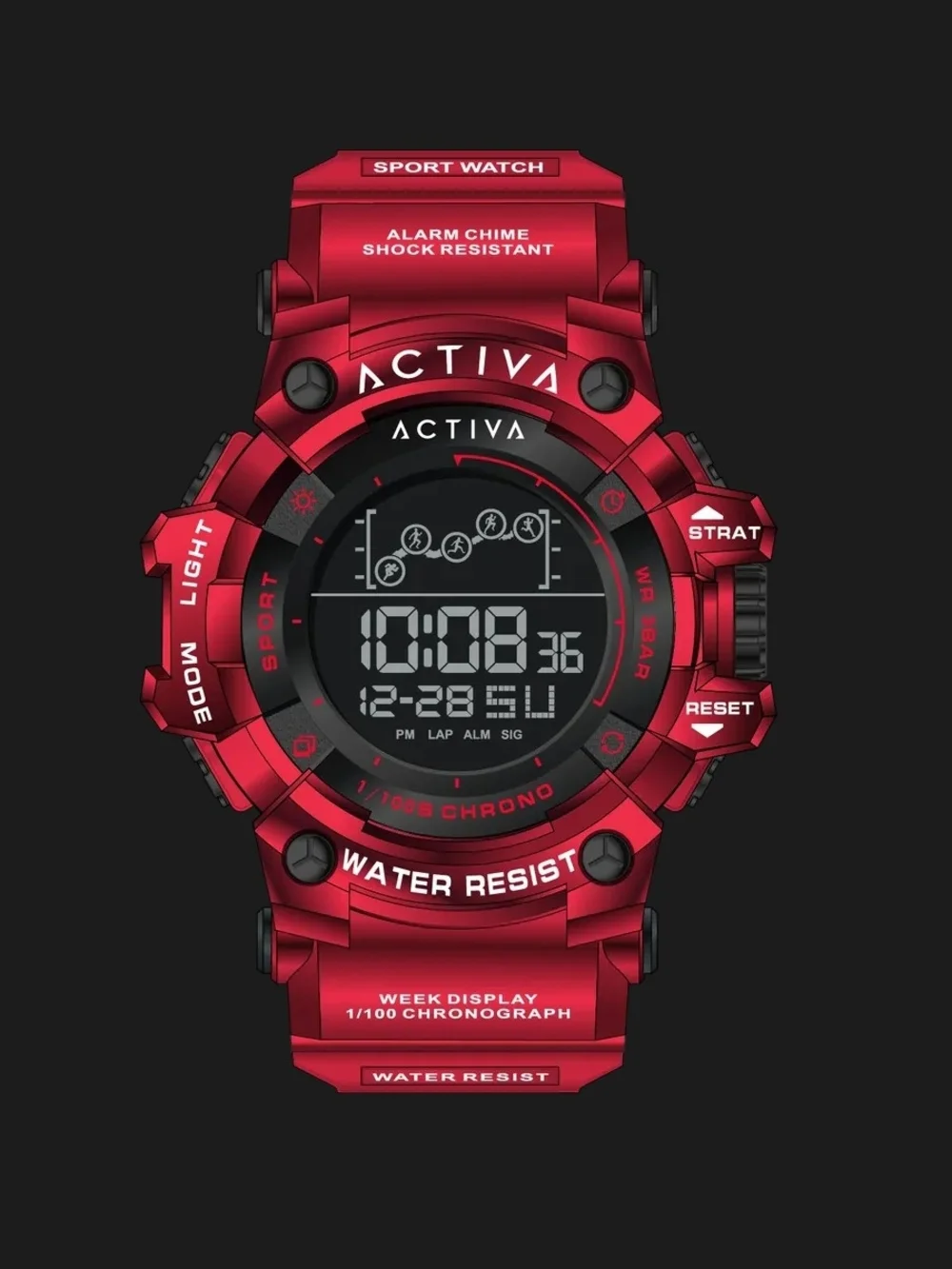 Activa Red Digital Sports Watch with Black Dial 50mm